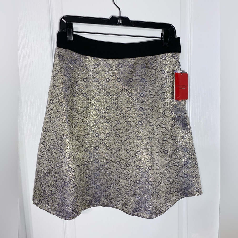 NWT Y2K Narciso Rodriguez Design Nation Metallic Brocade A-Line Skirt Gold Blue
